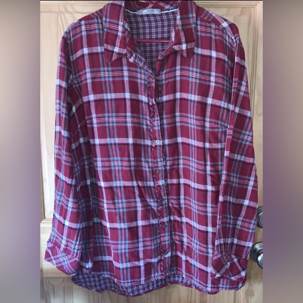 Lee Riders Flannel Red White Green Black Plaid Fringe Shirt Button Down 2X